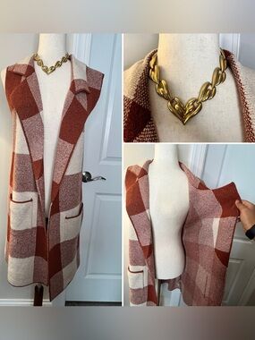 Steve Madden Plaid Open-Front Sleeveless Cardigan Vest - Rust & Cream